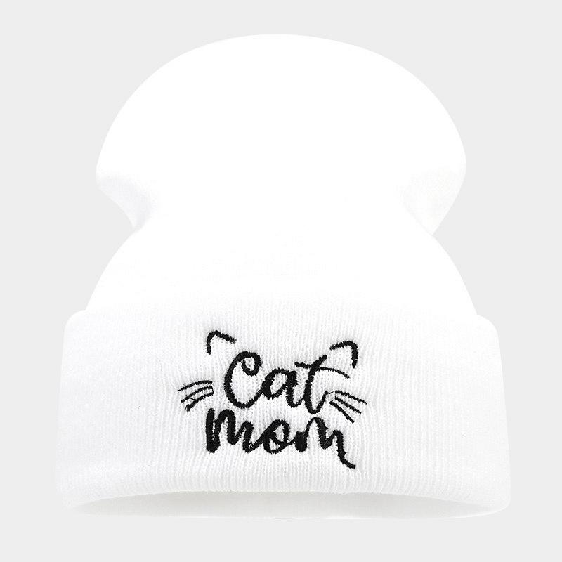 New Cute Cat Mom Embroidery Simple Pile Hat Women's Autumn and Winter Fashion Warm Wool Hat Light Mother Hat