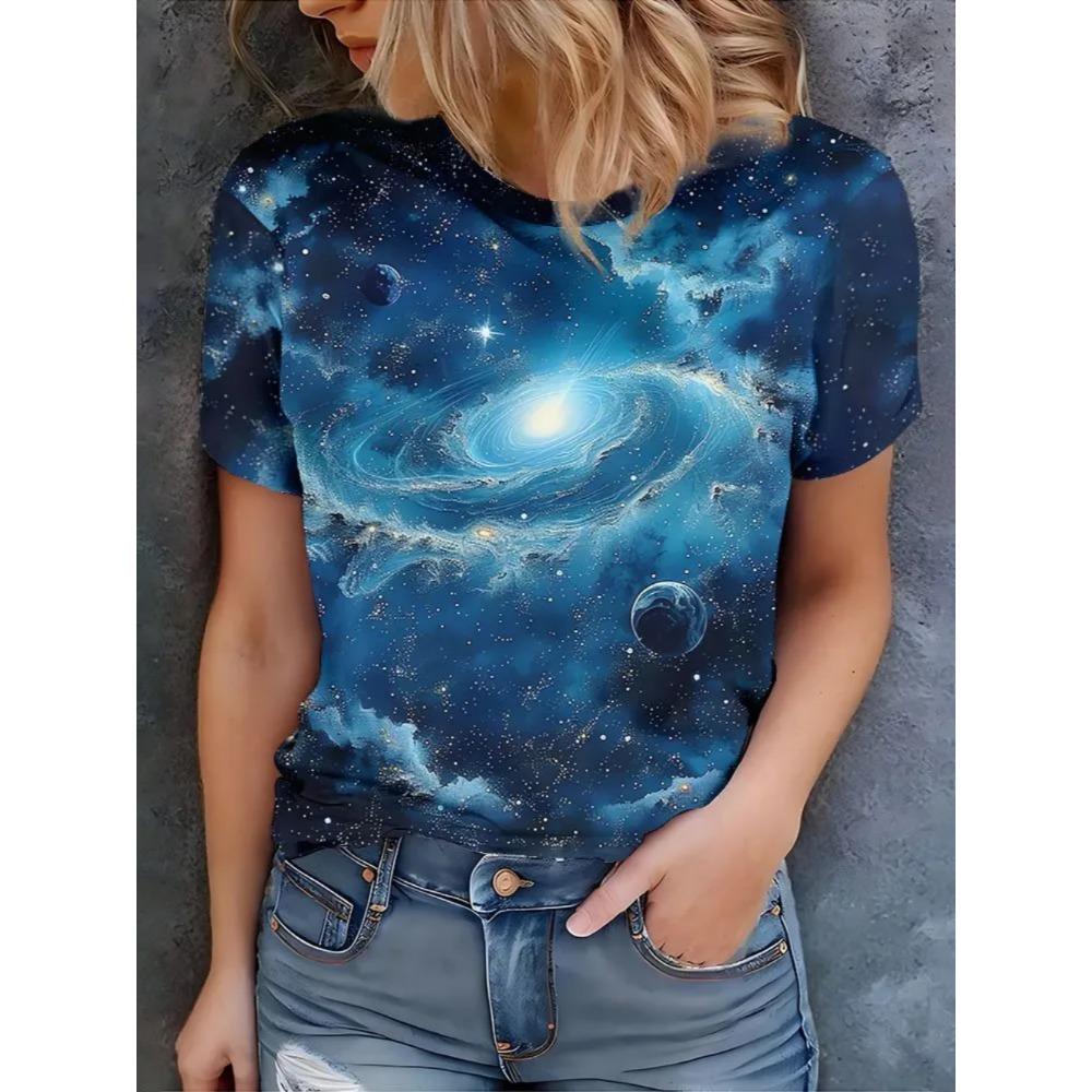 Ladies Fashionable Comfortable Printed T-shirt Colorful Starry Sky Patterns Loose Breathable Large Size Short Sleeved T-shirt