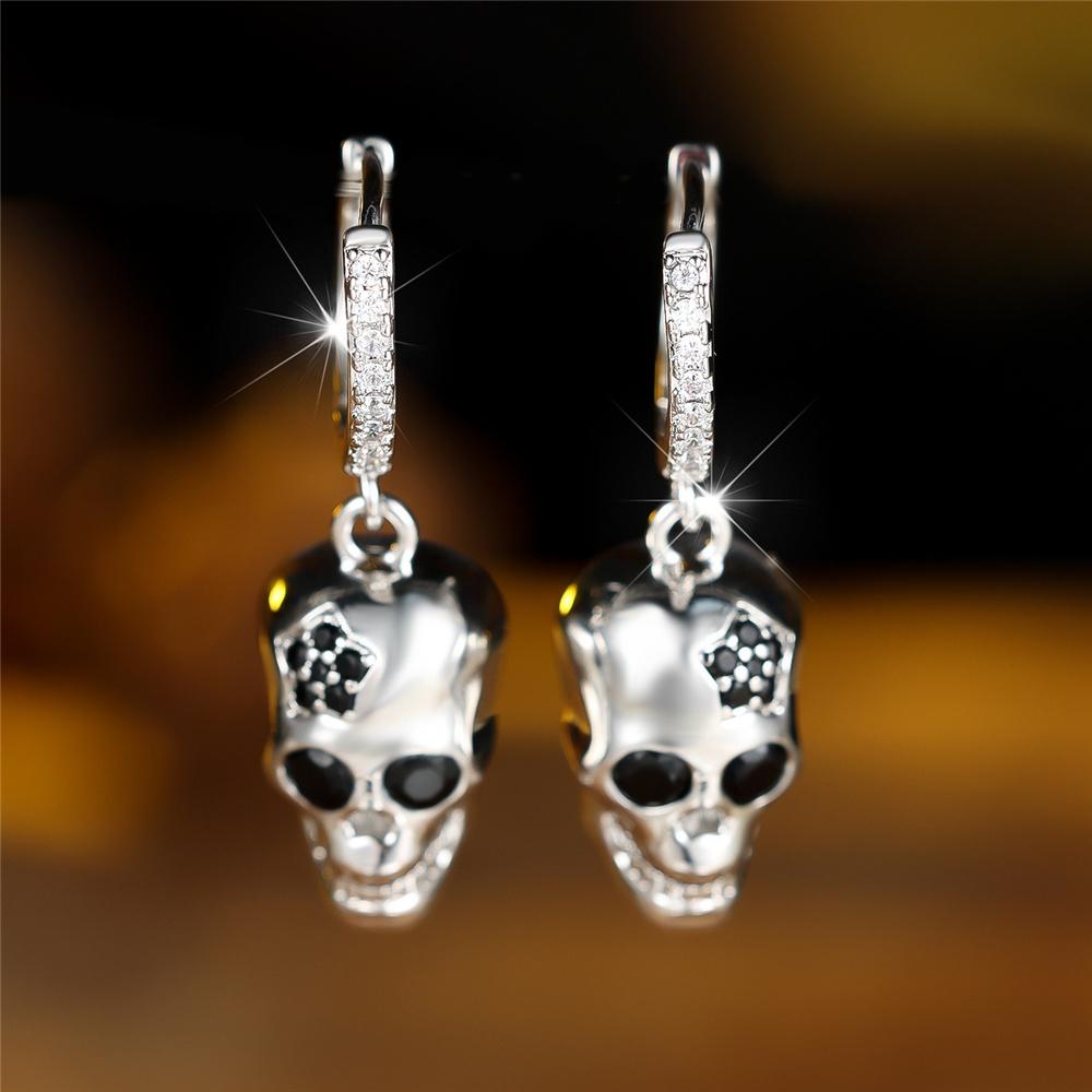 Crystal Female White Black Zircon Stone Skull Hoop Earrings Vintage Fashion Silver Color Wedding Halloween For Women