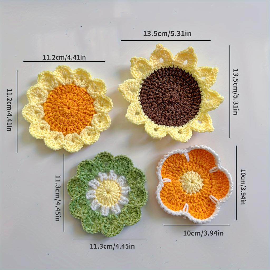Handmade Sunflower Coasters, Crochet Exquisite Heat Insulation Mats with Meal Mats, For Cups of Different Sizes, Home Decor