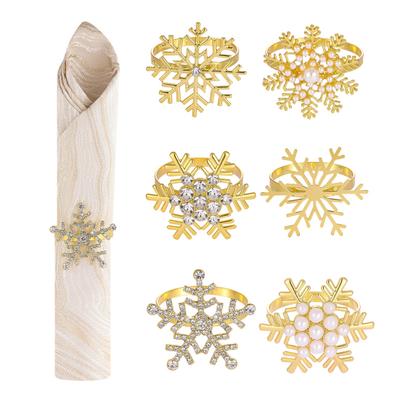 1/2/6Pcs Golden Metal Napkin Ring Faux Pearl Decor Snowflake Design Winter-themed Napkin Holders Weddings Parties Table Decor