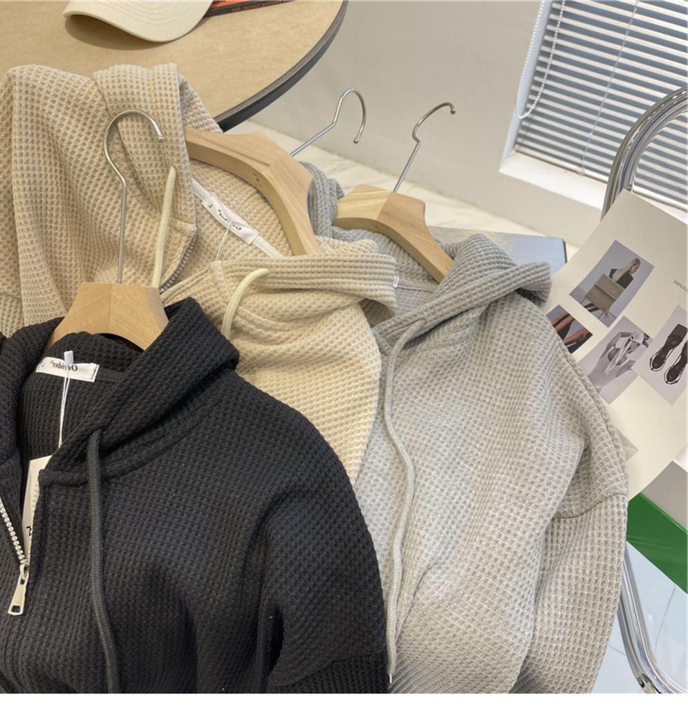 Women's Waffle Knit Hooded Zipper Cardigan - New Loose Slim Design for Autumn/Winter