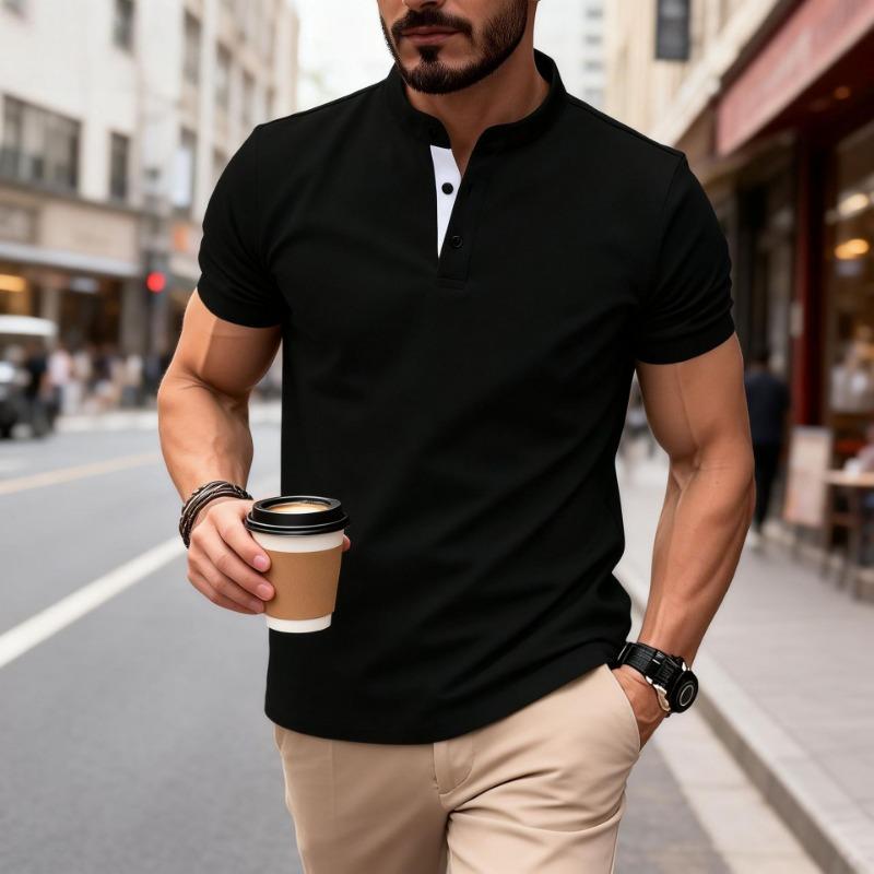 

Mens Black Mandarin Collar Short Sleeve Henley T-Shirt S