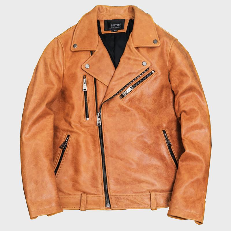 Mens Genuine Leather Jacket Heavyweight Waxed Cowhide Slim Fit Biker Short Coat Notch Lapel