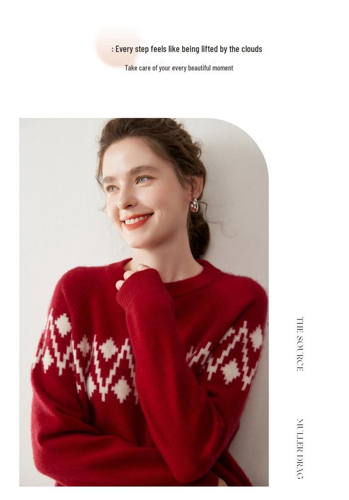 Women's Round Neck Thick Jacquard Cashmere Sweater - Loose Red Fashion Knit for Autumn/Winter