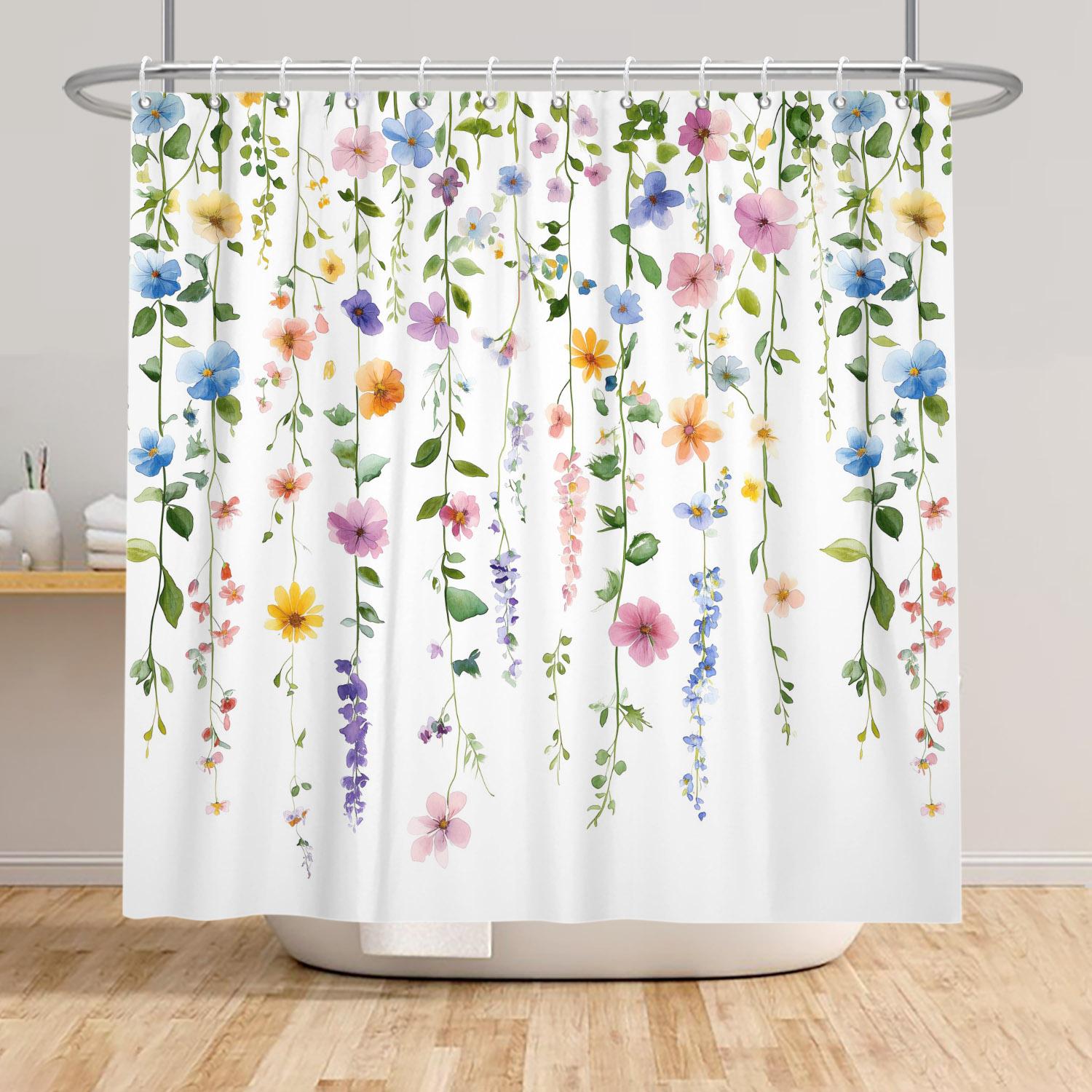 

Watercolor Wildflower Shower Curtain Colorful Botanical Floral Waterproof Bath Curtain For Bathroom Decor Polyester With Hooks W60H190(CM)-1 Pcs