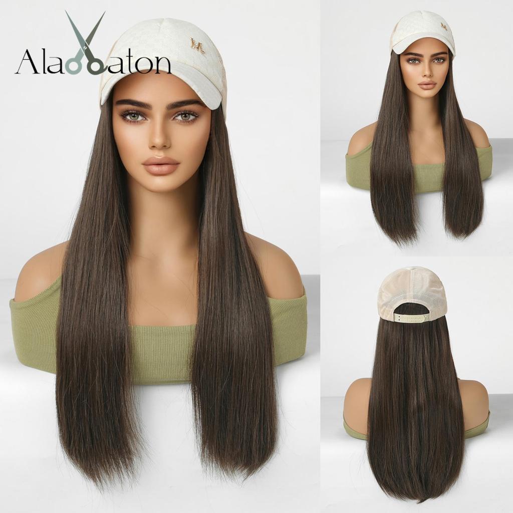 ALAN EATON Long Black Synthetic Wigs with Baseball Hat Removable Silk Straight Wig for Women Smooth Natural Realistic Wig Heat Resistant