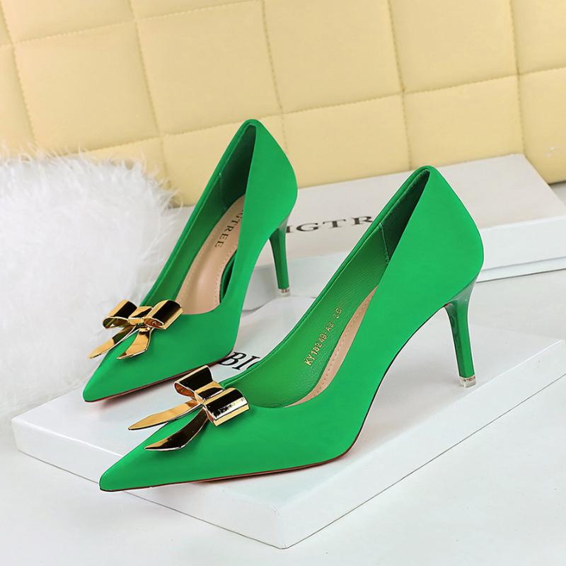 Fashionable Pointed High Heels Metal Bow Thin Heels Single Shoes For Women's Satin Light Mouth Women's Shoes Elegant And Simple