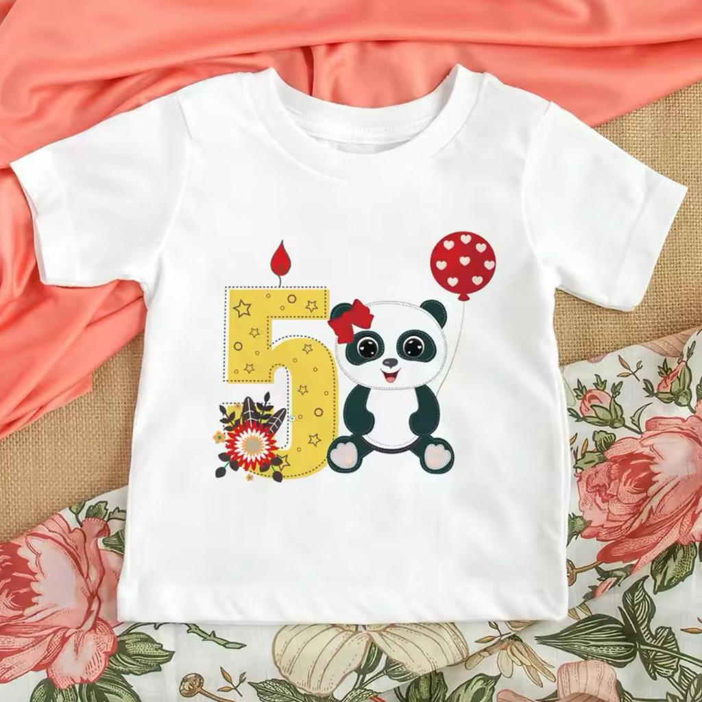 Hotselling Birthday Panda Digital Print Childrens Tshirts Roundneck Shortsleeved Tshirts for Boys and Girls Summer Modal