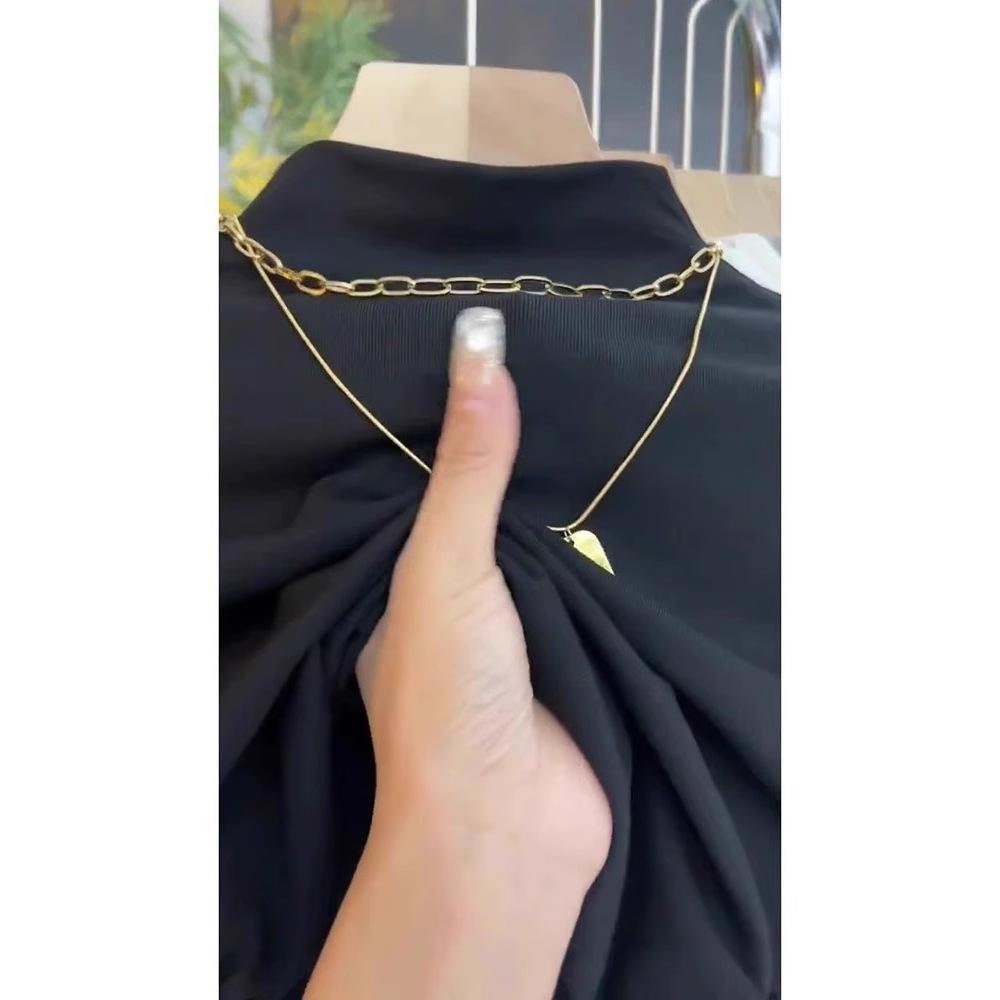 Women's Black Semi-High Neck Slim-Fit Long-Sleeve T-Shirt, Autumn/Winter with Pleated Waist