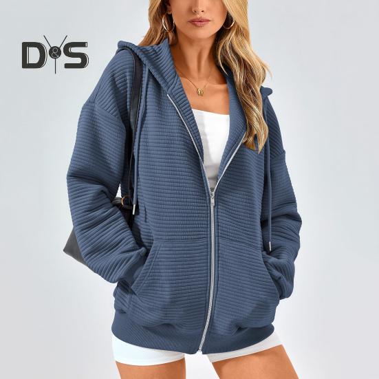 Herbst Winter Damen Kapuzenpullover Mantel Kordelzug Kapuze Reißverschluss Lange Ärmel Einfarbig Taschen Verdickte Sportjacke Locker Alltagskleidung Schulmantel