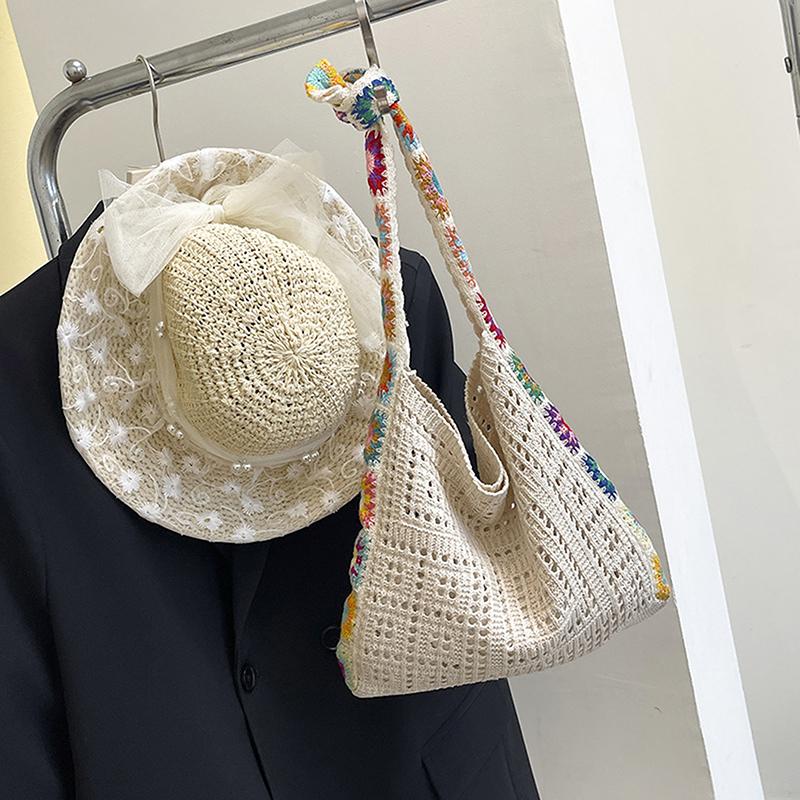 Летняя большая вместительная сумка-тоут в стиле бохо, цветочная вязаная крючком сумка, винтажная многоцветная сумка с вырезами, модная вязаная ажурная сумка