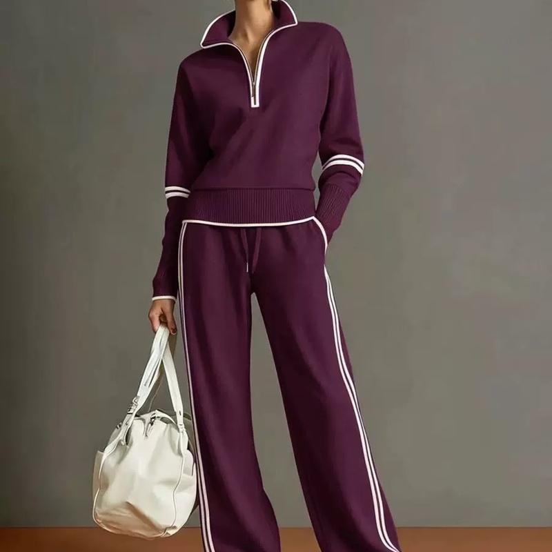 Women Two Piece Tracksuit Set Half Zip Stand Collar Sweatshirt Drawstring Wide Leg Pants Contrast Stripe Casual Sportswear