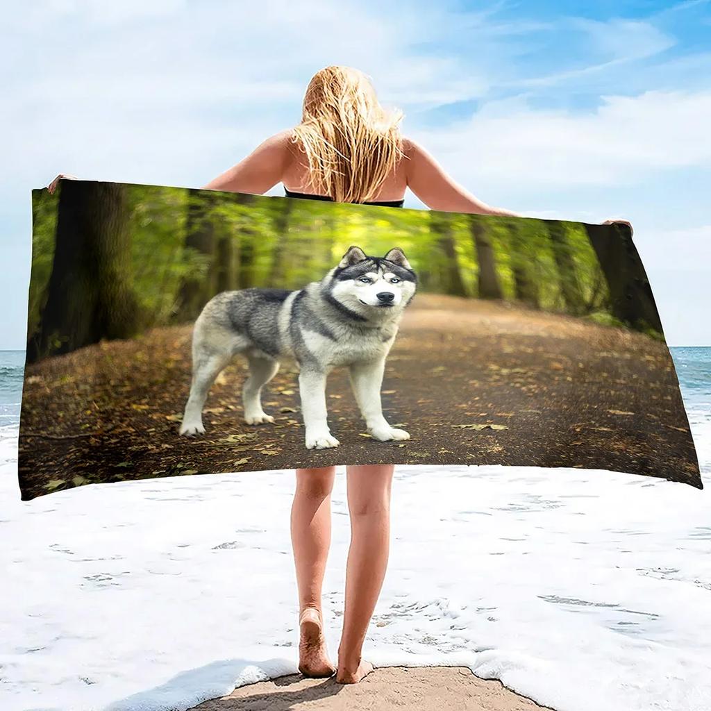 Lightweight Beach Towels Quick Dry, Husky Dog Soft Microfiber Sand Free Pool Bath Outdoor Travel Towel for Camping Swimming Yoga