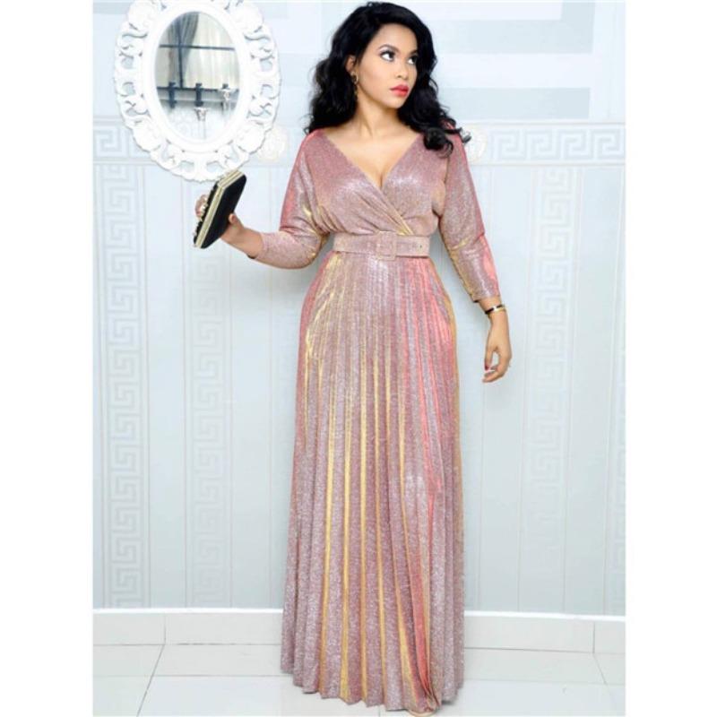 

2 Winter African women s fashion long-sleeved bronzing pleated pendulum skirt with belt glitter fabric S розовый