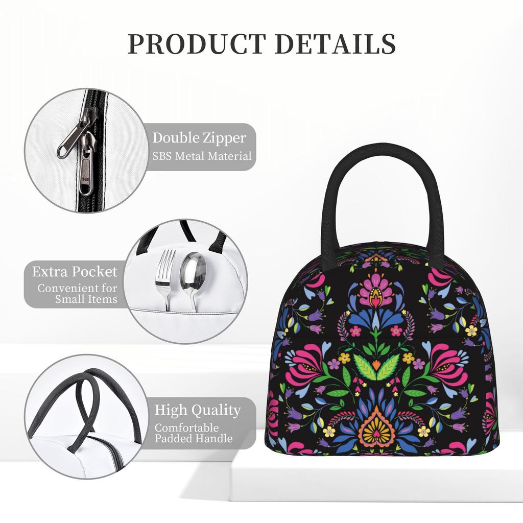 Mexican Floral Folk Pattern Insulated Lunch Bags High Capacity Polish Ethnic Flowers Reusable Thermal Bag Tote Lunch Box