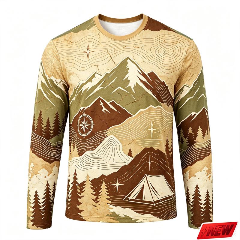 Men's Outdoor Camping Long Sleeve T-Shirt Mountain Forest Casual Crew Neck Top 3d Print Natural Landscape Graphic Tee Hiking