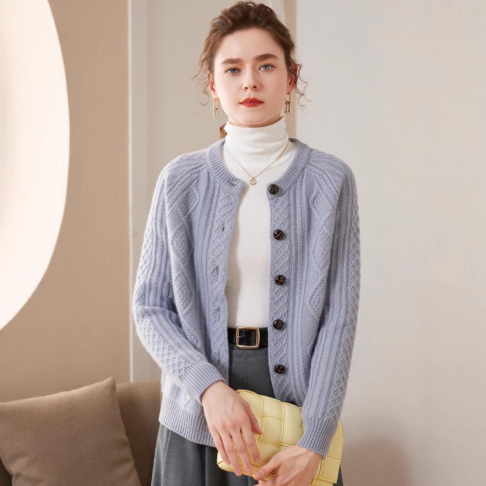 Early Autumn Women's Cashmere Knit Cardigan - Long Sleeve, Thick, Comfortable, Soft, Skin-Friendly Cable Design.
