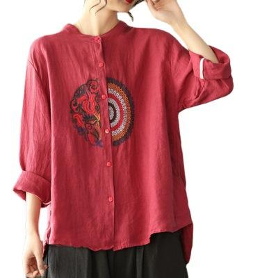 Retro Besticktes Leinen Langarmhemd für Damen Frühling und Sommer Locker Lässiges Hemd Top