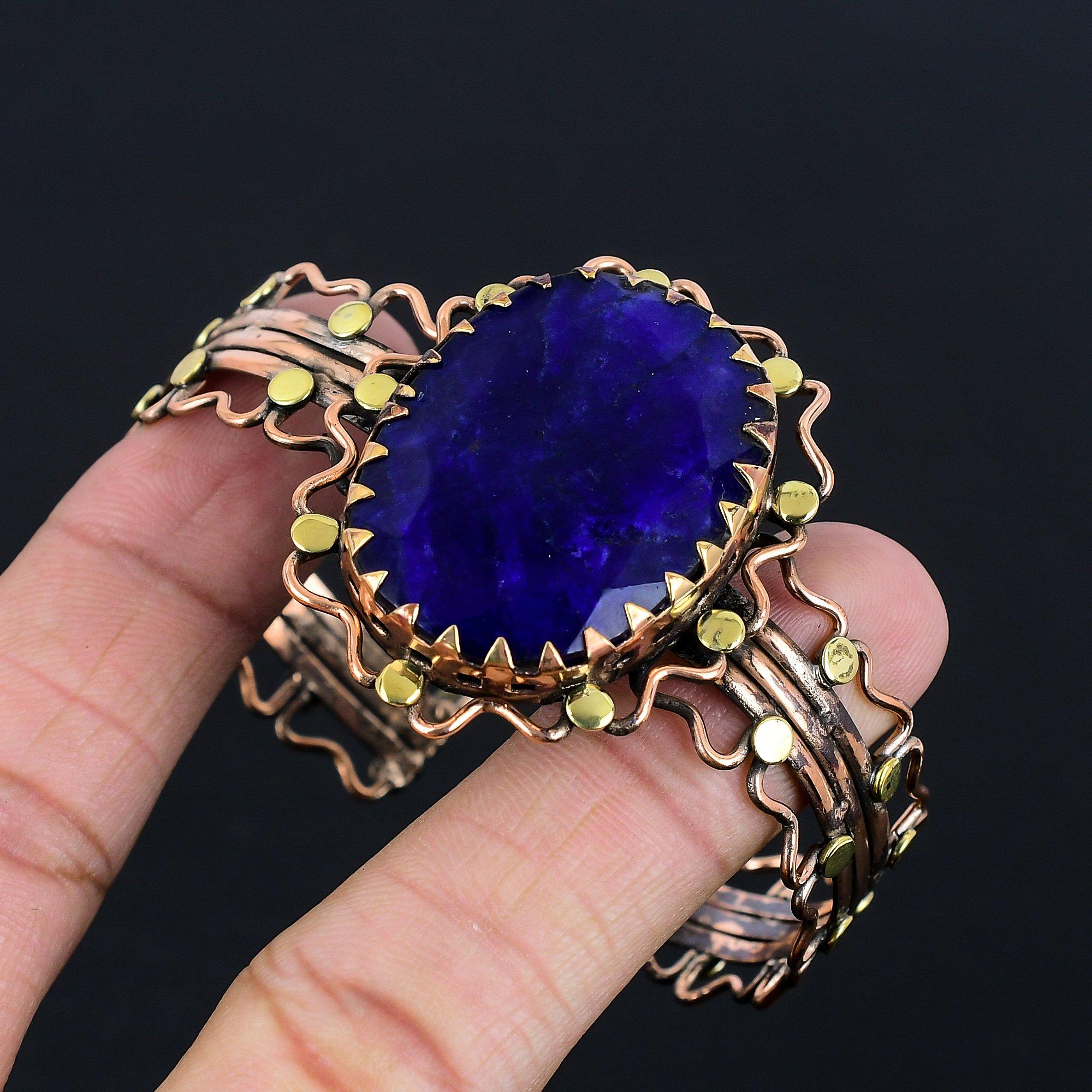 

Браслет с синим сапфиром, Браслет из натуральных камней ручной работы, Антикварное украшение, обернутое медной проволокой 999 пробы, Для подарка на помолвку