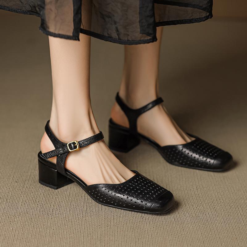 Fashion 2025 New Basic Mid Heels Women Sandals Square Toe Buckle Strap Slingback Pumps Mature Genuine Leather Hollow Out Shoes Woman