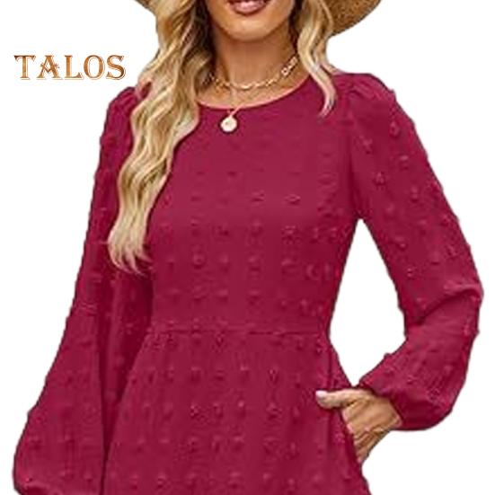 Herbst Winter Damen Kleid Lange Laternenärmel A-Linie Rundhals Großer Saum Punktapplikation Plissiert Einfarbig Dating Pendeln Midikleid