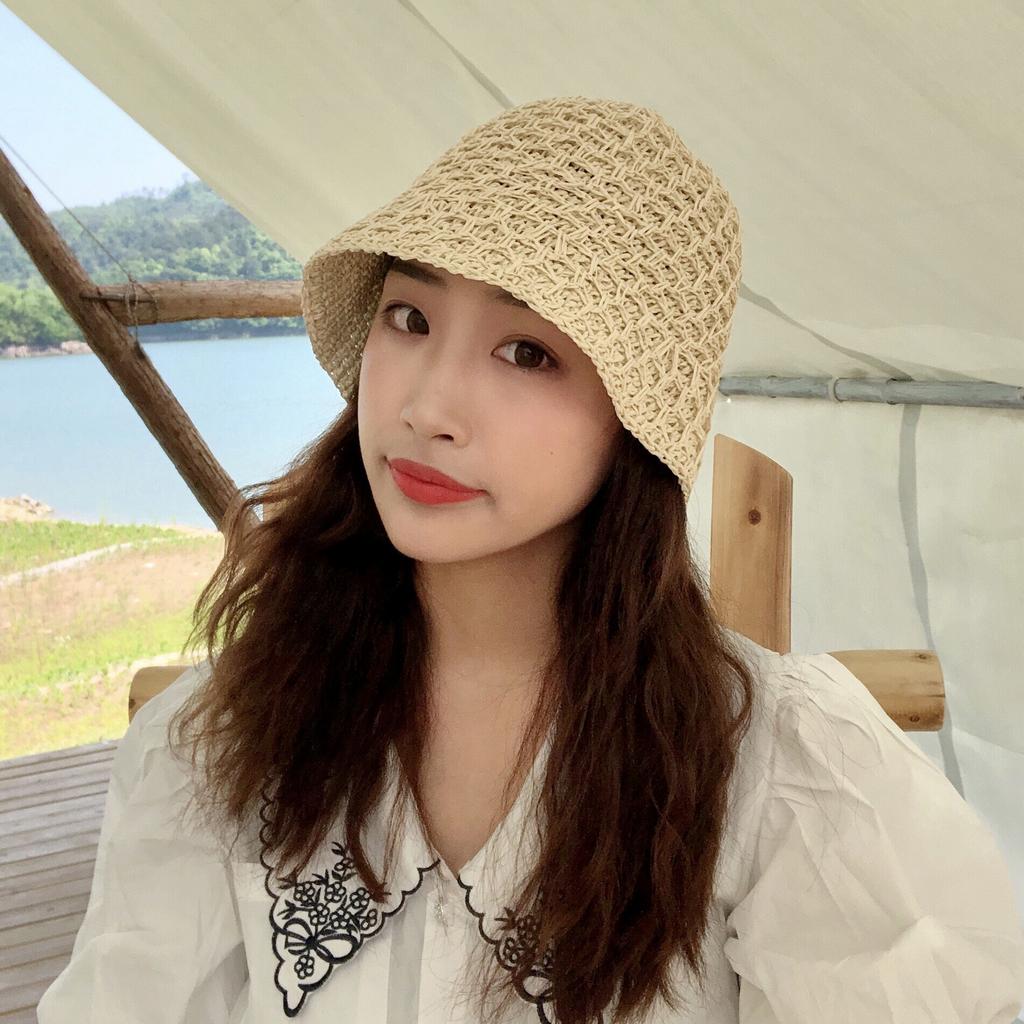 Dongdaemun~ Korean Version Of Straw Bucket Hat Women'S Bell Bucket Hat Double-Layer Hollow Woven Straw Hat