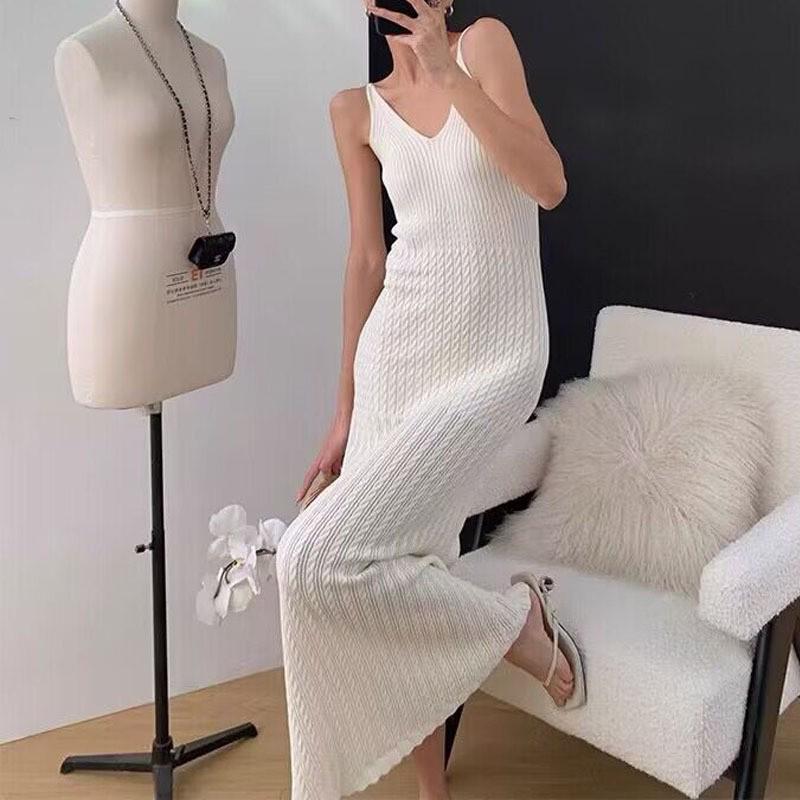 

French V-Neck Knitted Bodycon Dress - Slimming Summer Maxi Dress Small чорний