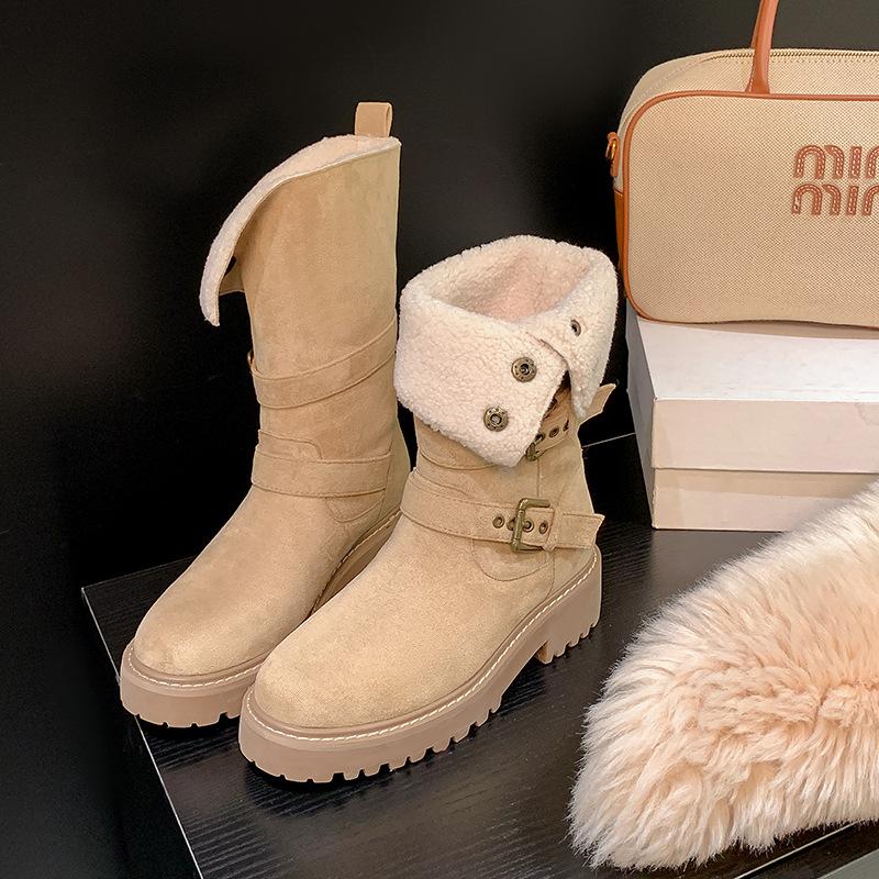 Autumn and winter Maillard retro Martin boots women's fashion versatile thick-soled two wear piled boots medium tube thin boots women