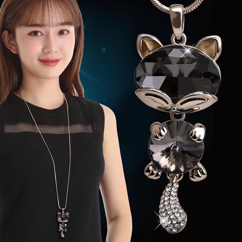 Unique Cat Character Crystal Sweater Necklace Long Chain Fashionable Alloy Jewelry Women For