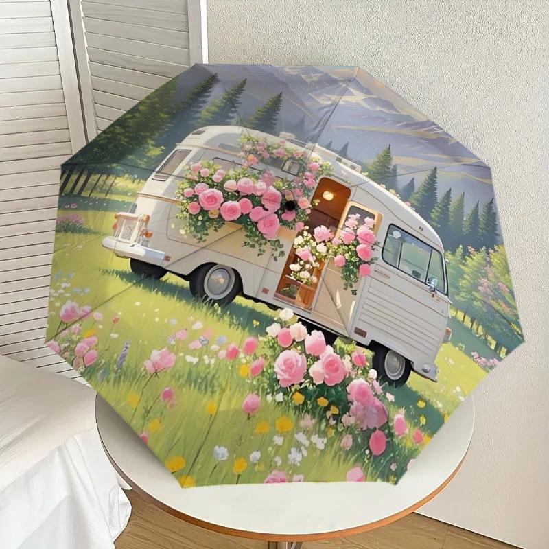 

1pc Camper Van with Pink Flowers in Field Umbrella with Plastic Handle,Suitable for All Seasons Home Travel Outdoor UmbrellaDD414