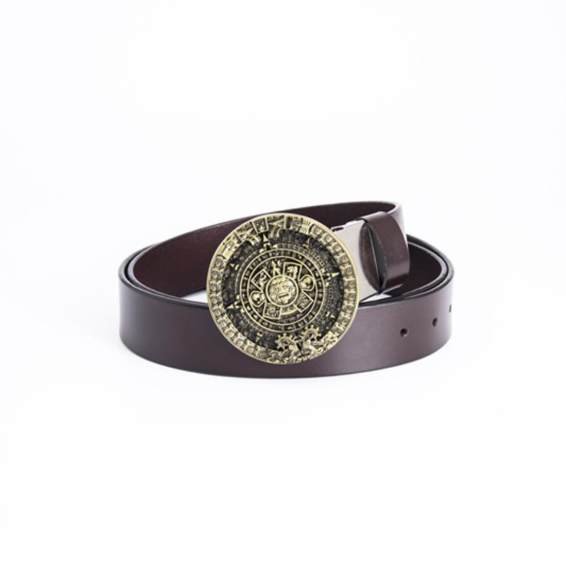 Glossy Whole Cowhide Belt, Zinc Alloy Ancient Tin Aztec Calendar Belt, Retro Large Size Pure Leather Belt.