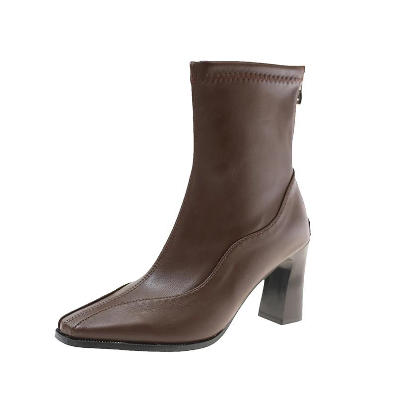 

Metal Square Toe High Heel Boots Women s 2026 Fall Winter New French Kitten Heel Warm Block Heel Booties 42 коричневий