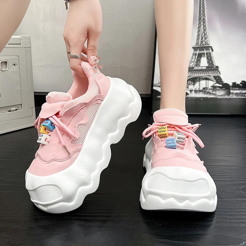Fashion 8CM Designer Women Breathable Pink Sneakers Cute Patchwork Shoes Thick Heel Sneakers Casual Running Platform Lolita Bread Shoes