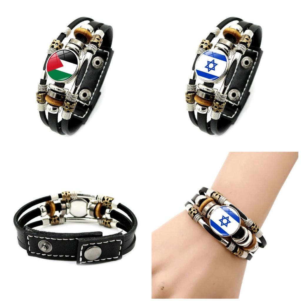 Israel Palestine Flag Pendant Leather Bracelet Handmade Men Accessory Boys Gifts