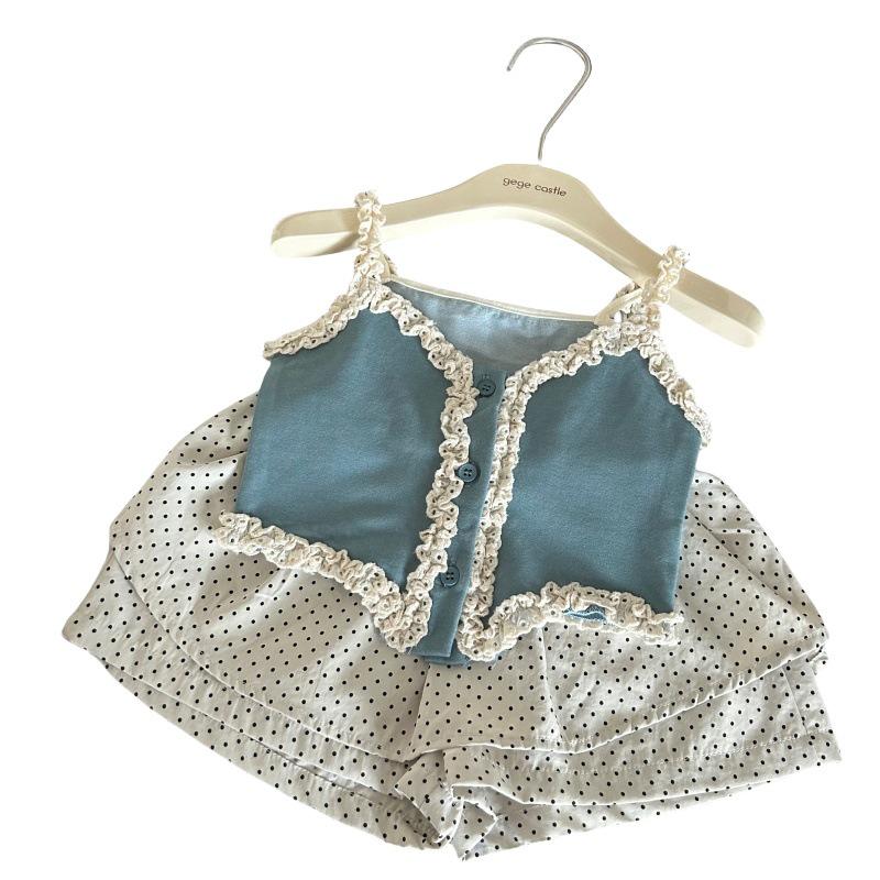 Korean-Style Kids' Summer Outfit: Lace-Trim Tank & Polka Dot Skort Set