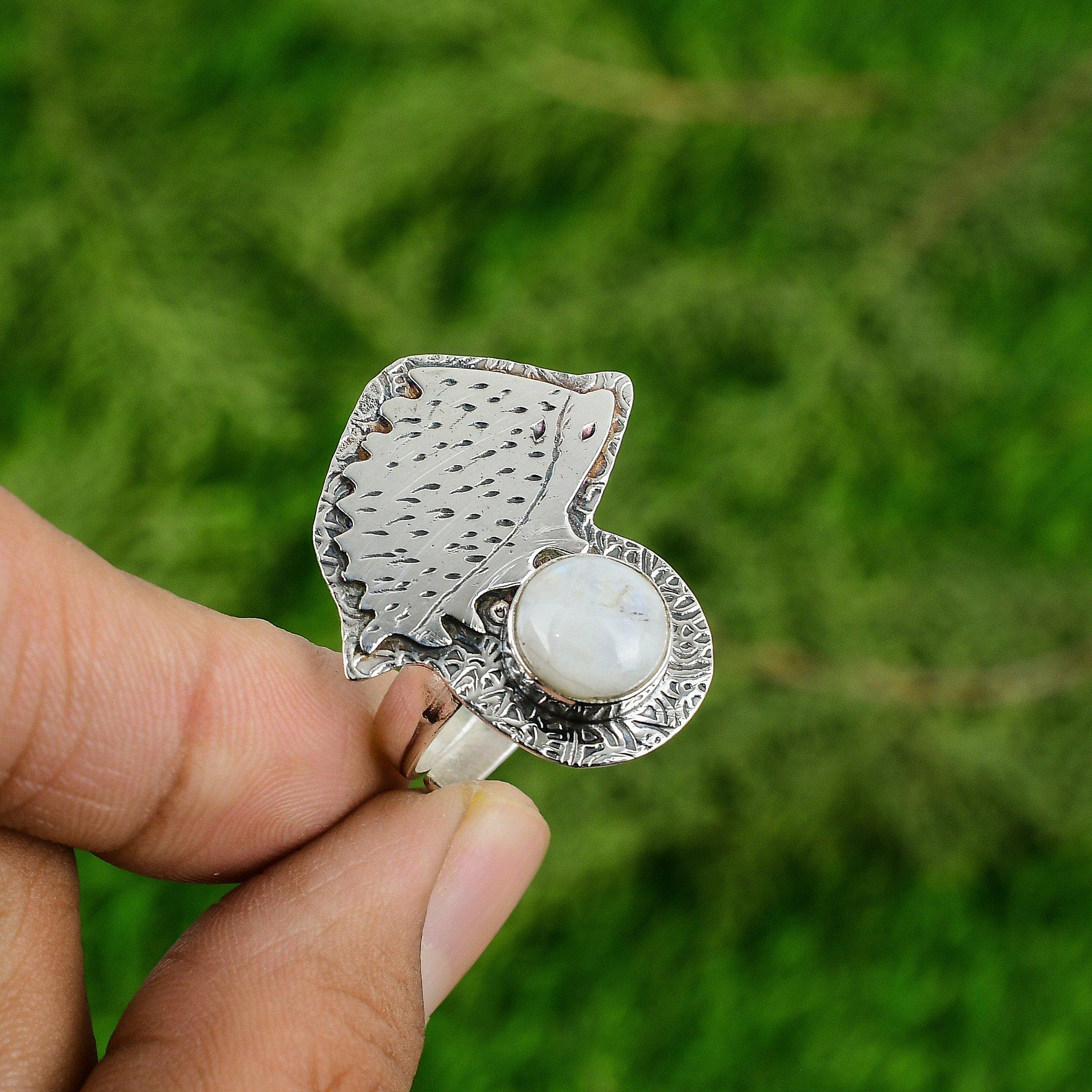 

925 Silver Rainbow Moonstone Gemstone Sister Bezel Boho Statement Unique Ring Adjustable