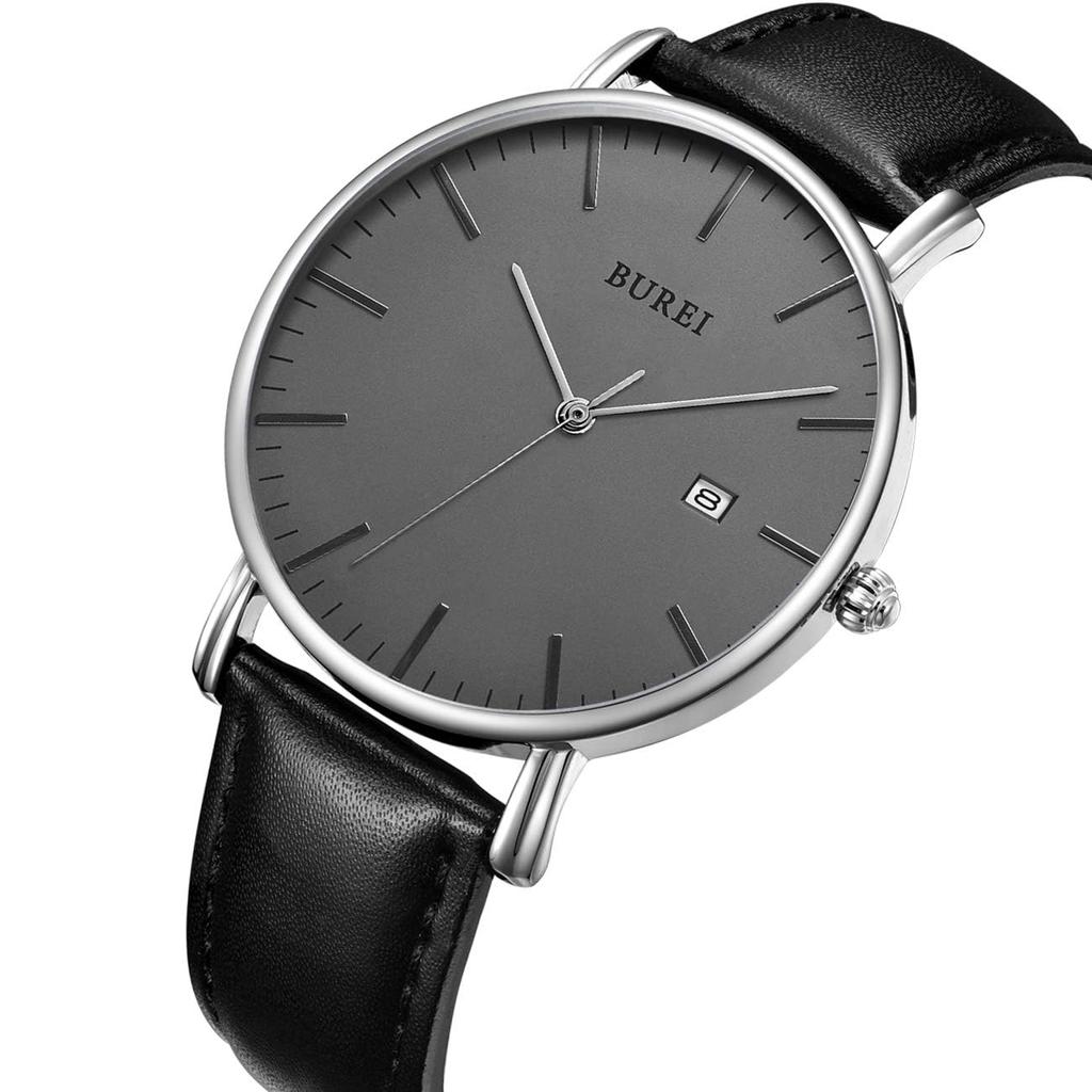 Leather Strap Brand Popular Date Silver Slim Design [BUREI] Men's Watch, Name, Simple, Waterproof, Analog, Business, Men's Wristwatch, Display,