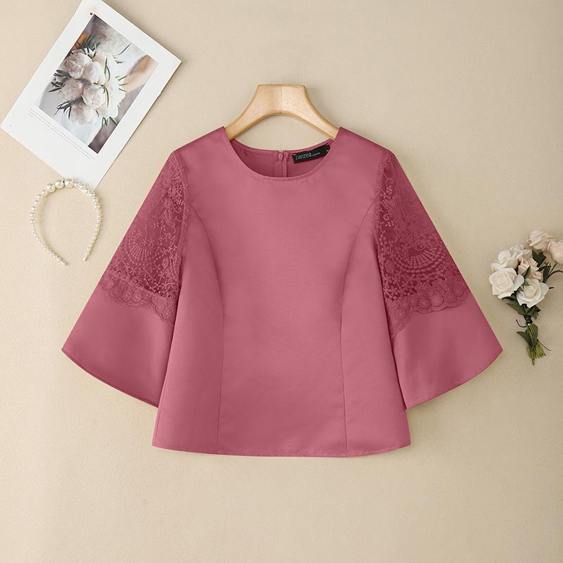 

ZANZEA Женская повседневная блузка с круглым вырезом, кружевной отделкой, летняя, с рукавом 3/4 5XL розовый