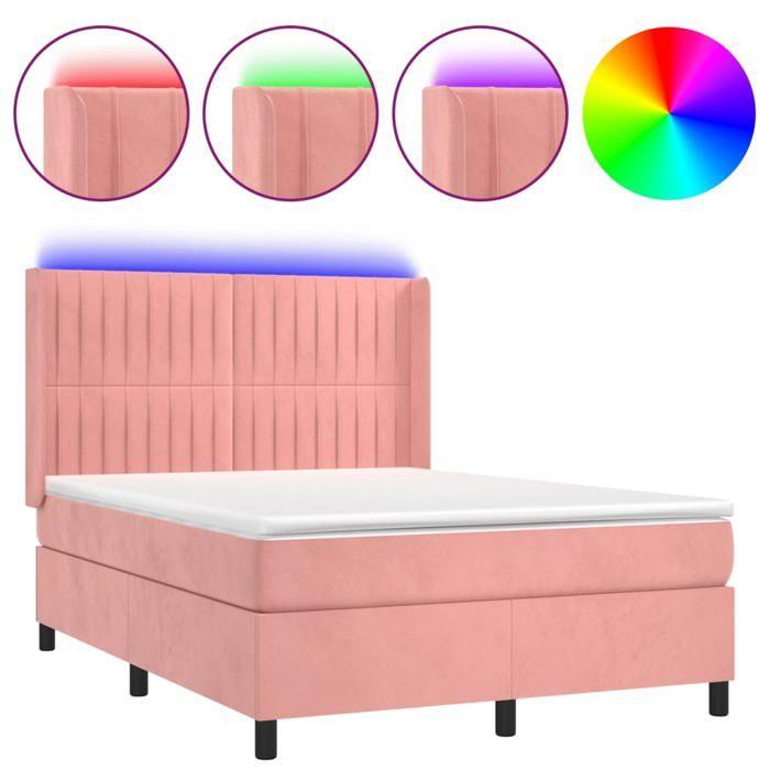Sommier tapissier - Maison Exclusive - 140x200 cm - Velours rose - Matelas à ressorts ensachés - LED inclus
