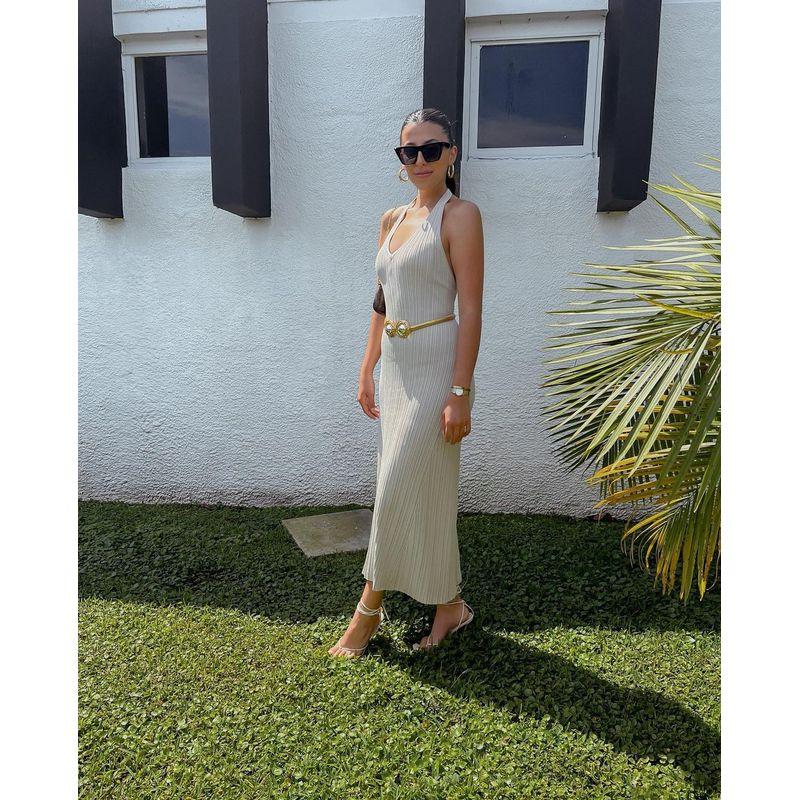 

V Neck Slim Backless Beach Casual Knitting Long Dress White S