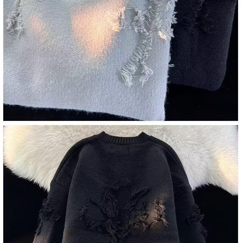 Men's Autumn/Winter Retro Ripped Knit Sweater - Round Neck, Thickened Pullover, Trendy American & Japanese Style