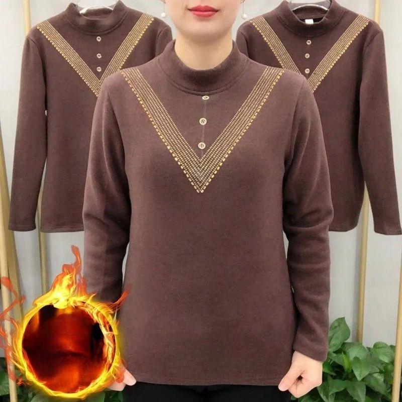 

Women s Plus-Size Double-Sided Velvet Base Shirt Warm Rhinestone Crew Neck Fleece T-Shirt L коричневый