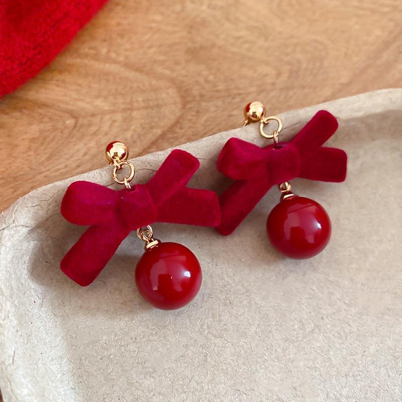 Silver needle red flocking bow flower stud earrings sweet fashion niche temperament earrings light luxury high-end earrings