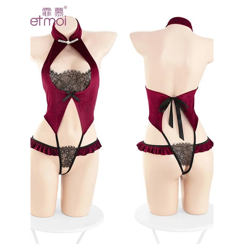 Velvet Patchwork Lace Mature Charm Elegant Gentle Transparent Romantic Fashion New Red Lingerie Sexy Uniform Bodysuits 0HAE