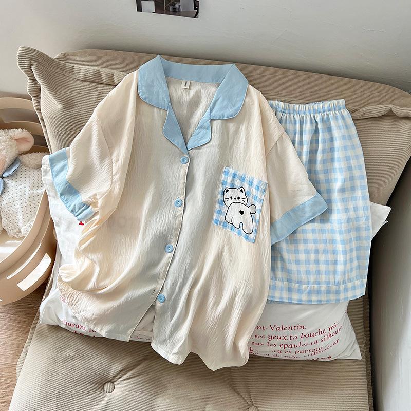 Women s Sweet Summer Pajama Set - Small Lapel, Double Short Sleeves, Pure Cotton Dobby M-L