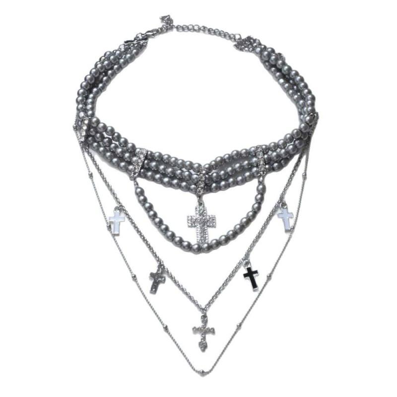 Layered Tassel Cross Pendant Pearl Necklace Women Alloy Choker Chain Geometric Boho Chic Statement Jewelry