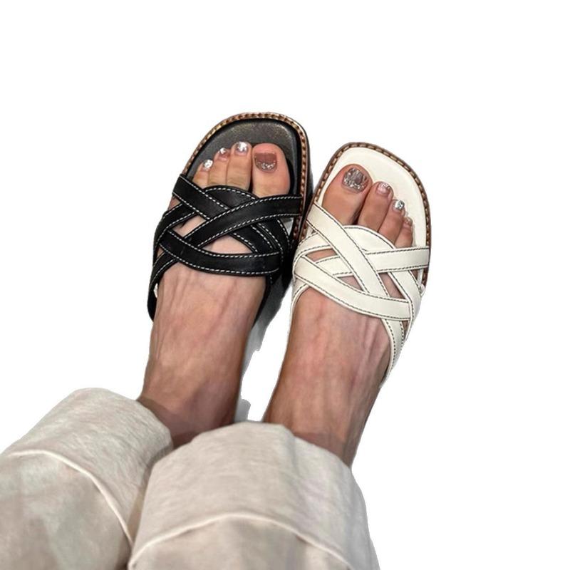 Sheep pattern version~ leather pattern retro hollow woven one-word drag fashionable casual versatile outer wear beach vacation cool slippers