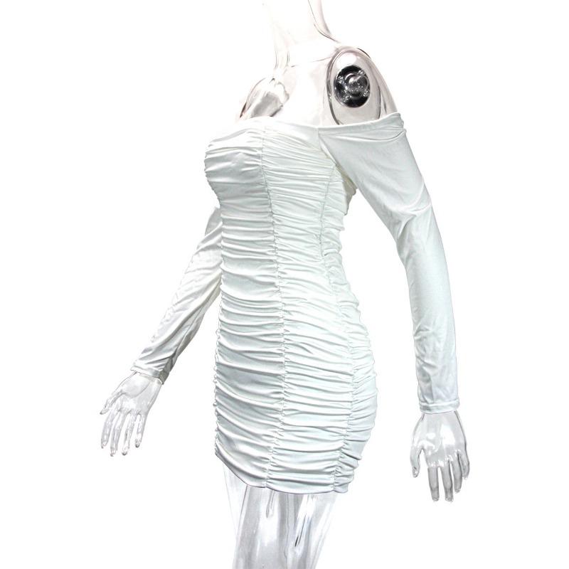 Women's Spring and Autumn One-line Collar Long Sleeve Pleated Temperament Package Hip Skirt Sexy Wrap Dress