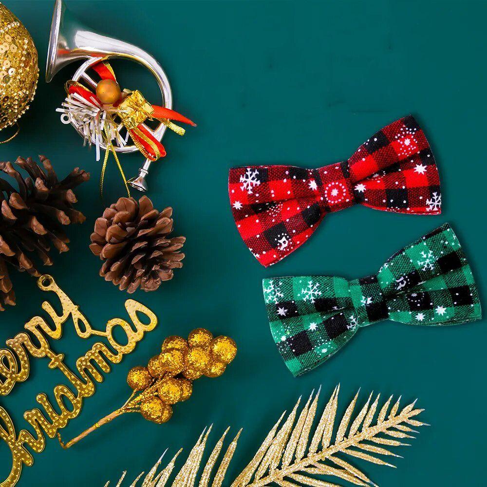 2Pcs/Set Adjustable Christmas Dog Collar Red Green Plaid Cat Bow Collar Cute Pet Necktie  Dress-up